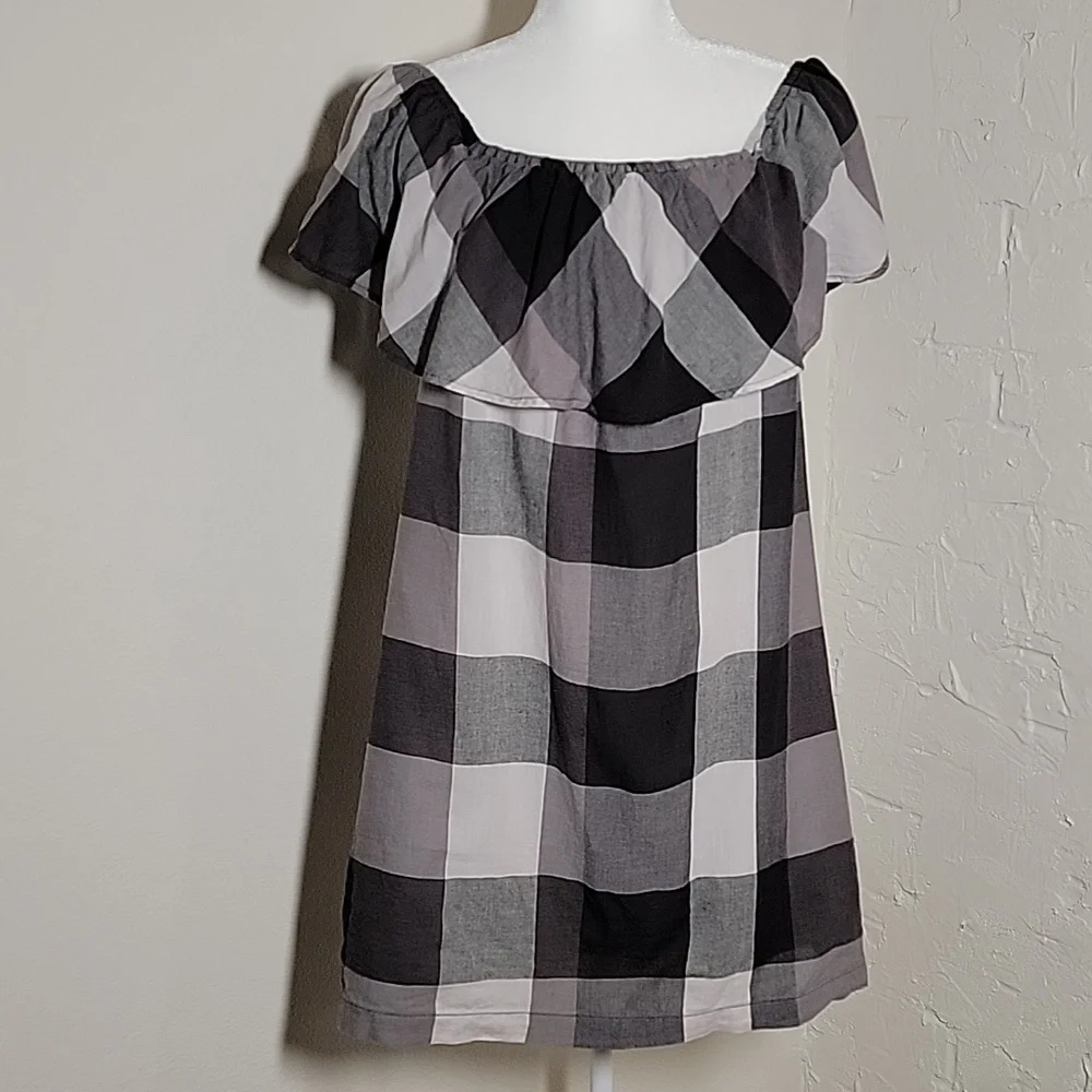 Who What Wear Mini Dress Off The Shoulder Buffalo Plaid Checkered Black White M - Picture 3 of 15